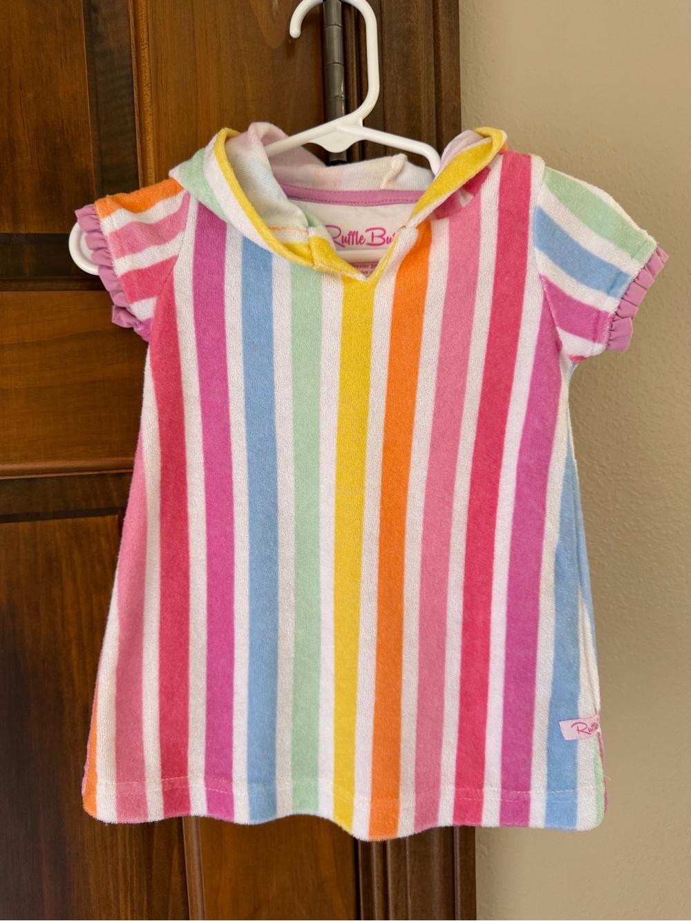 RuffleButts Rainbow Stripe Hooded Swim Cover-Up Dress 3–6M